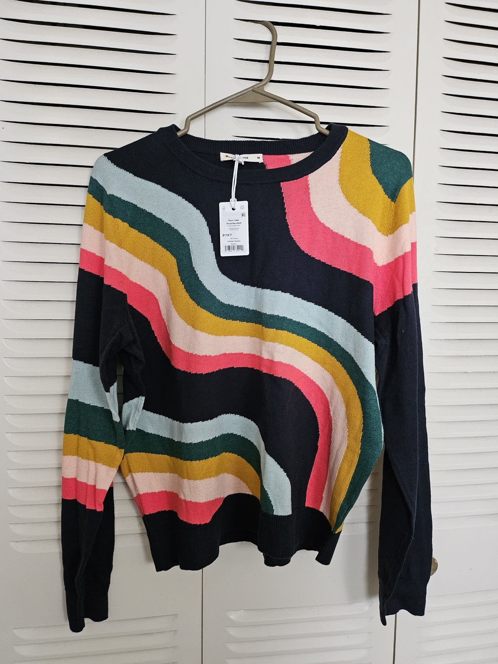 Marine Layer Navy Crewneck Sweater with Pink, Teal, Mustard & Cream Waves